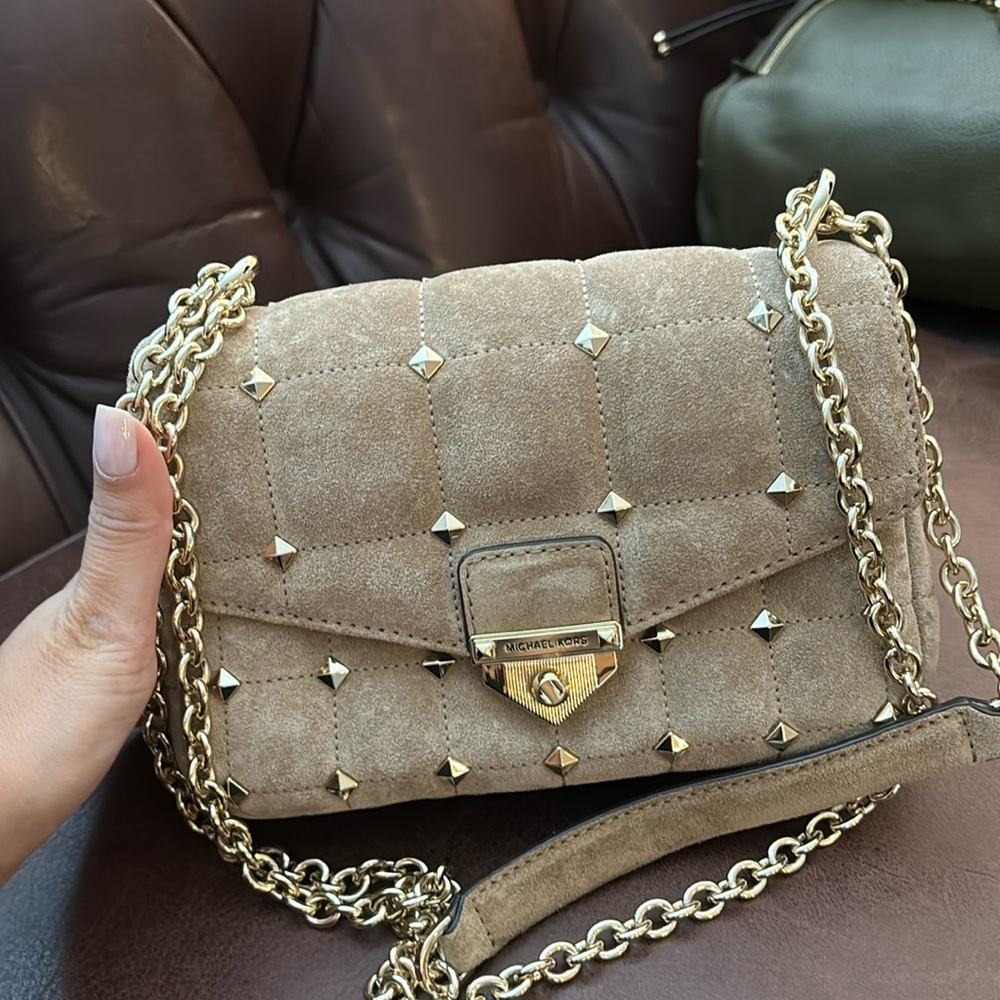 Michael Kors Small Chain Shoulder in Taupe Suede
